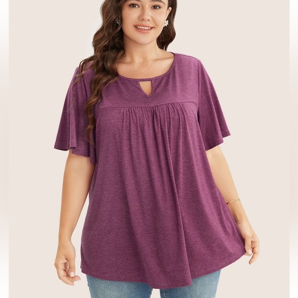 BloomChic Plus Size XL Plain Ruffle Sleeve Keyhole Gathered Crew Neck T-shirt - Picture 1 of 6